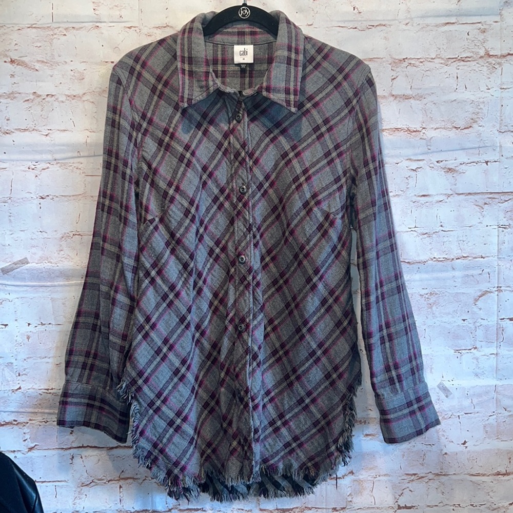 Cabi highland flannel raw hemline #3946 Gray purple fray hem check plaid collar
